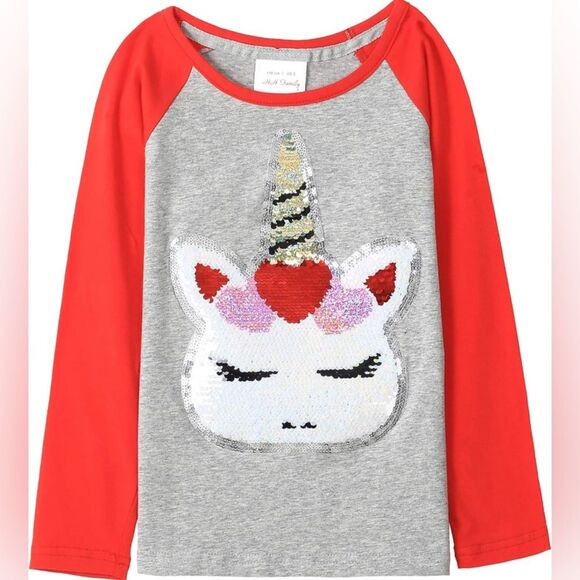 NWT HH Family Girls Flip Sequin Unicorn Heart Long Sleeve Raglan T-Shirt size 8 - Picture 1 of 10